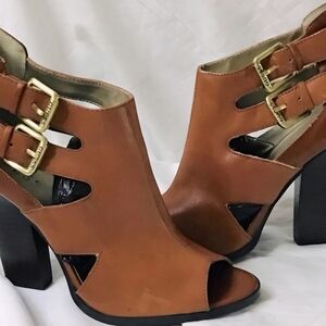 Guess Brown Peep-Toe Cutout Block Heel Sandals with Gold Buckles